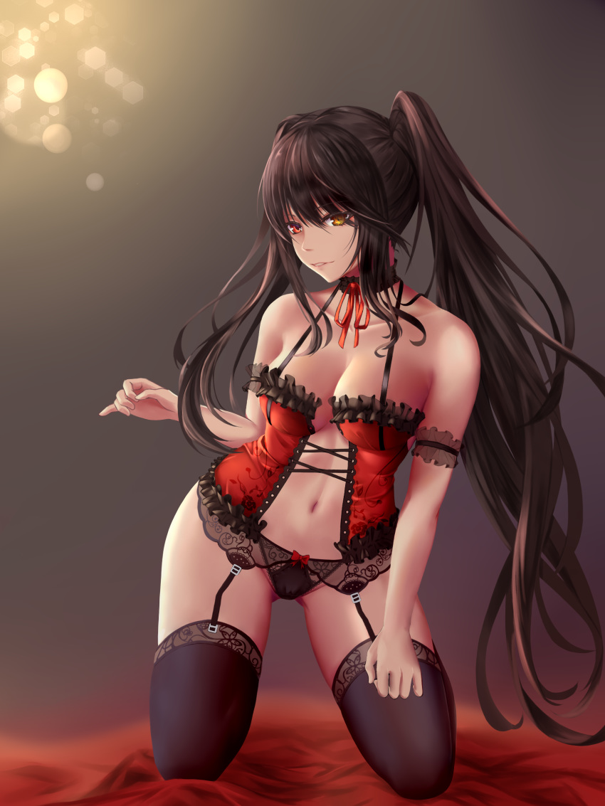 1girl bangs bare_shoulders black_hair black_legwear black_panties blush breasts choker cleavage clock_eyes collarbone corset date_a_live garter_belt garter_straps hairband heterochromia highres kneeling lolita_fashion lolita_hairband long_hair looking_at_viewer medium_breasts navel panties parted_lips red_eyes ribbon-trimmed_panties sidelocks smile solo stomach symbol-shaped_pupils thighhighs tokisaki_kurumi twintails underwear yellow_eyes yuzuriha_(pixiv_14248010)