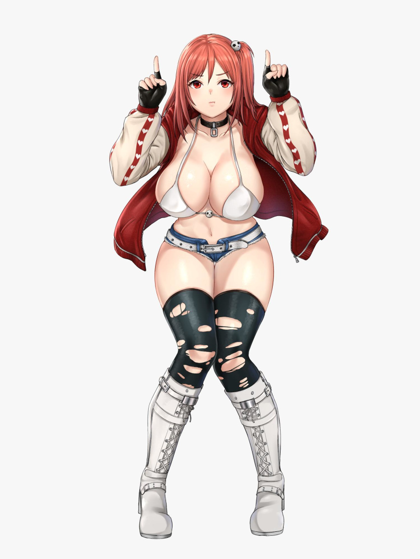 1girl alternate_costume artist_name belt bikini_top boots breasts character_name choker cleavage cross-laced_footwear curvy dead_or_alive dead_or_alive_5 female fingerless_gloves full_body gloves hair_ornament highres honoka_(doa) huge_breasts jacket long_hair looking_at_viewer navel pout red_eyes red_hair short_shorts shorts side_ponytail solo standing stomach thighhighs torn_clothes torn_legwear watermark web_address white_background
