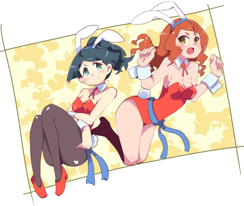 2girls animal_ears aqua_eyes barbara_parker bare_shoulders black_hair blush breasts brown_hair bunny_ears bunny_tail bunnysuit cleavage detached_collar fake_animal_ears hands_up hanna_england hys-d knees_up leotard little_witch_academia long_hair medium_breasts multiple_girls open_mouth pantyhose ponytail red_footwear red_leotard shoes smile strapless strapless_leotard tail wrist_cuffs yellow_eyes