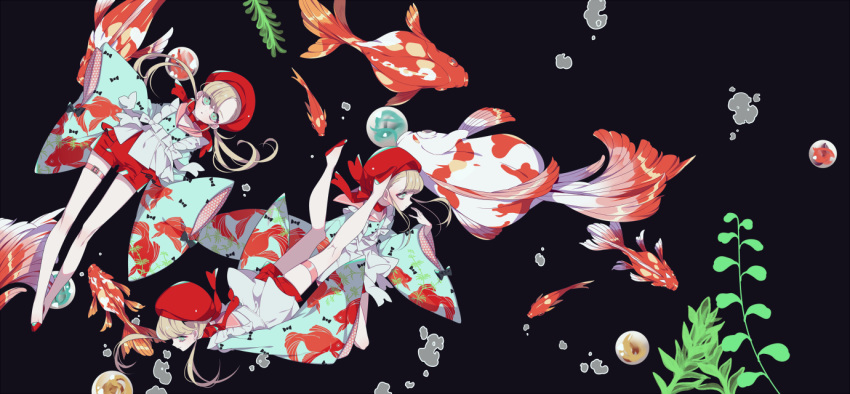 3girls air_bubble animal_print apron aqua_eyes aqua_shirt asymmetrical_bangs bangs bare_legs beret black_background blonde_hair bow_print bubble choker commentary_request fish fish_print goldfish hat japanese_clothes long_hair long_sleeves looking_at_viewer looking_away low_twintails multiple_girls no_socks official_art red_footwear red_headwear red_shorts ribbon_choker sailor_collar shikimi_(yurakuru) shirt shoes short_shorts shorts simple_background sleeves_past_fingers sleeves_past_wrists thigh_strap twintails wide_sleeves yume_juuya