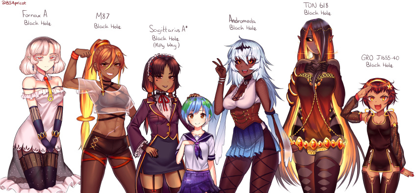 6+girls abs absurdres black_hair black_hole black_legwear blue_hair breasts commentary danielle_brindle dark_skin earth-chan english_commentary flat_chest green_hair hair_between_eyes hand_on_another's_head hand_on_own_chest highres long_hair looking_at_viewer low_twintails m87_black_hole multicolored_hair multiple_girls open_mouth orange_eyes orange_hair pantyhose personification ponytail school_uniform serafuku smile thighhighs twintails very_long_hair