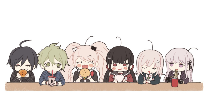 2boys 4girls ahoge alternate_hair_ornament amami_rantarou bangs black_hair black_ribbon black_sailor_collar blush_stickers bow bowtie bubble_tea burger closed_eyes danganronpa:_trigger_happy_havoc danganronpa_(series) danganronpa_2:_goodbye_despair danganronpa_v3:_killing_harmony eating enoshima_junko eyebrows_visible_through_hair food gamhwa green_eyes green_hair grey_background hair_ornament hair_ribbon hairclip harukawa_maki holding kirigiri_kyouko looking_at_another low_twintails messy_hair mole mole_under_eye multiple_boys multiple_girls nanami_chiaki noodles pout ramen red_bow red_bowtie red_eyes red_scrunchie red_shirt ribbon saihara_shuuichi sailor_collar scrunchie shirt short_hair simple_background sleeping smile striped striped_sweater sweater triangle_hair_ornament twintails