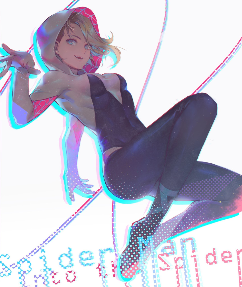 1girl barbell_piercing black_bodysuit blonde_hair blue_eyes bodysuit breasts copyright_name covered_navel eyebrow_piercing gwen_stacy hand_up highres lino_chang looking_at_viewer marvel medium_breasts midair outstretched_arm parted_lips piercing short_hair simple_background skin_tight smile solo spider-gwen spider-man:_into_the_spider-verse spider-man_(series) spider_web_print string white_background