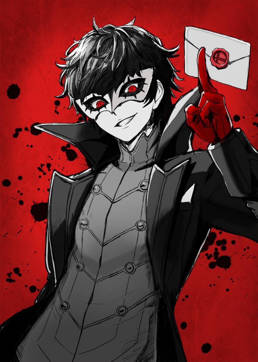 1boy :d amamiya_ren arm_behind_back arm_up between_fingers black_coat black_hair blood blood_splatter coat commentary_request gloves grin highres holding_envelope kuroi_susumu logo long_sleeves looking_at_viewer male_focus mask nintendo open_clothes open_coat open_mouth persona persona_5 red_background red_eyes red_gloves smile solo super_smash_bros. teeth upper_body white_skin
