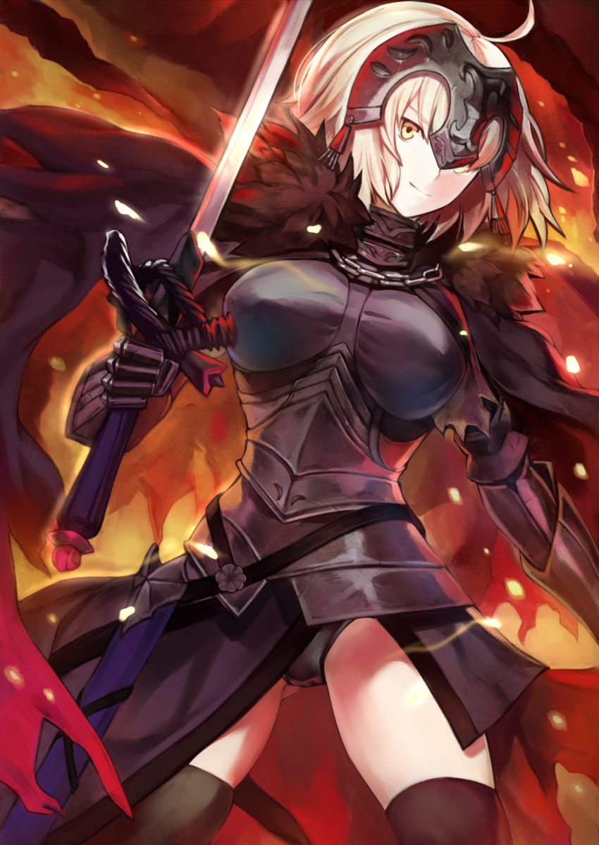 1girl absurdres ahoge black_armor black_cape black_gloves black_legwear black_pants blonde_hair cape chains cowboy_shot fate/grand_order fate_(series) gloves headpiece highres holding holding_sword holding_weapon jeanne_d'arc_(alter)_(fate) jeanne_d'arc_(fate)_(all) legs_apart pants ruba_(akiraoe_84) short_hair smile solo sword thighhighs weapon yellow_eyes