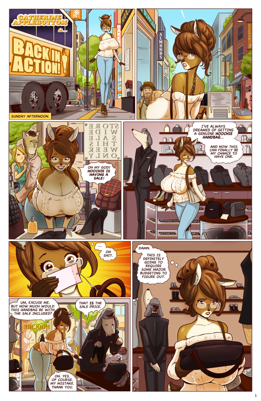 2019 anthro applebottom_family big_breasts black_nose blonde_hair breasts brown_eyes brown_hair bus canid canine canis catherine_applebottom cervid cervine city cleavage clothed clothing comic domestic_cat domestic_dog english_text eyewear felid feline felis female footwear fur glasses grey_hair hair hair_bun hat hi_res high_heels hollandworks jewelry male mammal mature_female outside pink_lips poodle purse shoes shopping short_hair smile spots store sweater tan_fur text vehicle white_fur zaftigbunnypress