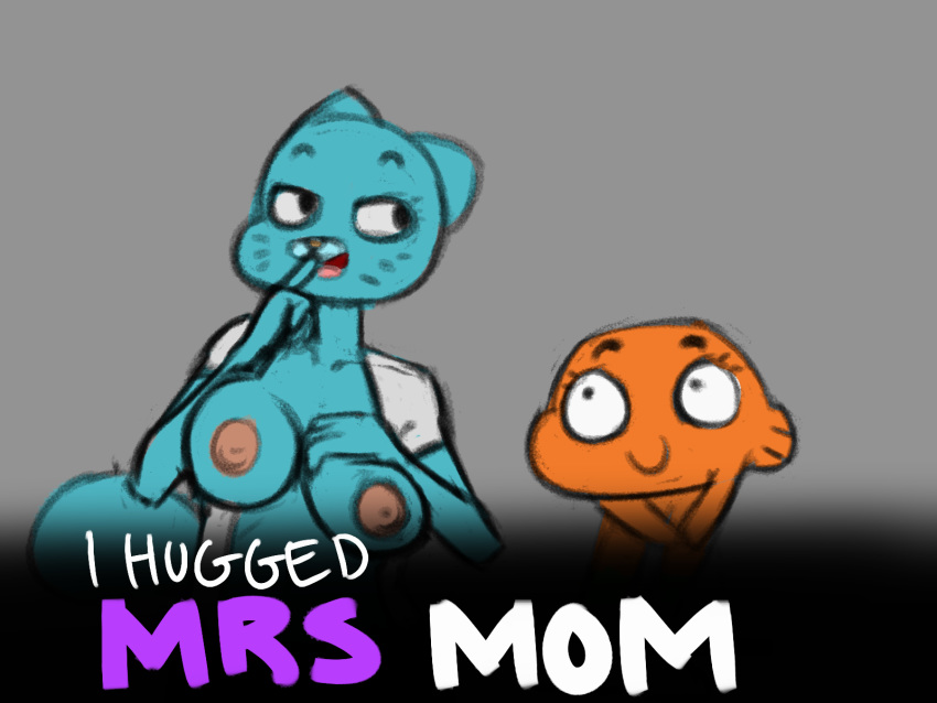 2019 4_fingers anthro big_breasts blue_fur breasts cartoon_network clothed clothing darwin_watterson digital_media_(artwork) domestic_cat duo english_text felid feline felis female fish fur grey_background half-closed_eyes hi_res looking_back male mammal marine nicole_watterson nipples open_mouth open_shirt orange_skin pink_nipples simple_background stepmother stepson text the_amazing_world_of_gumball zambs