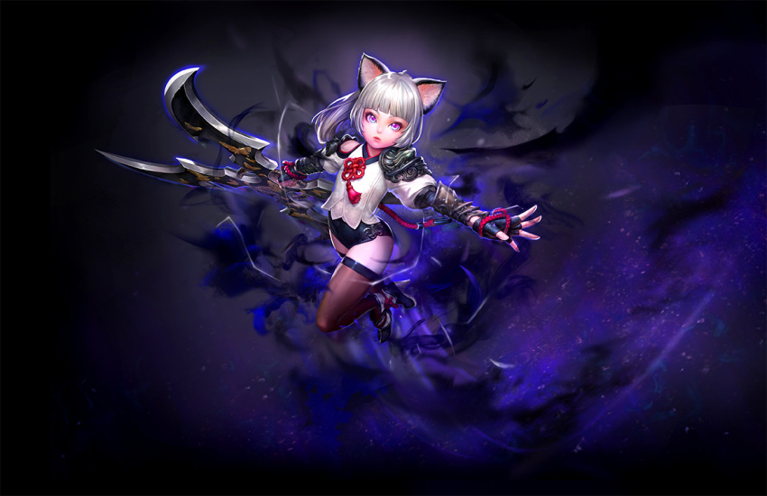 1girl animal_ears artist_request black_background black_footwear black_gloves black_legwear black_leotard boots cat_ears elin_(tera) fingerless_gloves full_body gloves high_heels huge_weapon leotard leotard_under_clothes long_hair official_art outstretched_arms ponytail purple_eyes shirt shuriken simple_background solo tera_online thighhighs weapon white_hair white_shirt