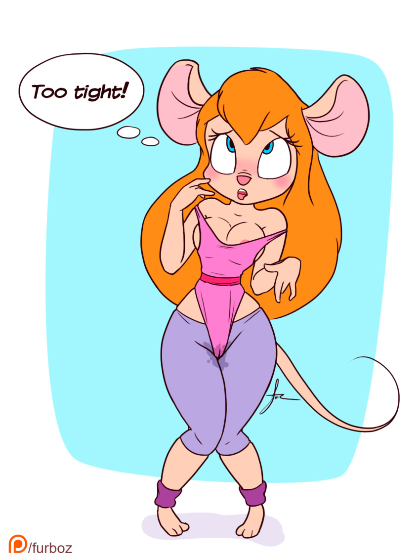 2019 3_toes 4_fingers aerola_slip ahegao anthro blue_eyes blush breasts chip_'n_dale_rescue_rangers cleavage clothed clothing dialogue digital_media_(artwork) disney english_text female fur furboz gadget_hackwrench gym_clothes hair leotard long_hair looking_pleasured mammal mouse pants pose rodent simple_background solo tan_fur text thin_tail tight_clothing toes wedgie wet wet_clothing wet_pants