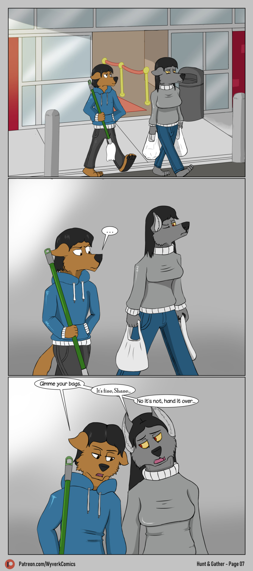 2019 anthro canid canine canis clothed clothing comic drama female hi_res hybrid jackywind llori_gray male mammal mother mother_and_son parent shane_gray son wolf
