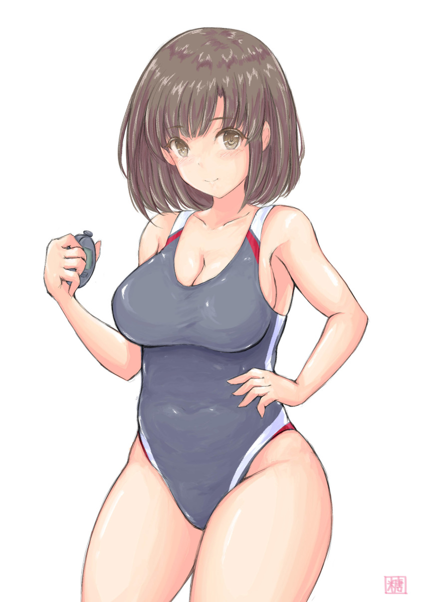1girl absurdres artist_logo black_swimsuit blush breasts brown_eyes brown_hair collarbone competition_swimsuit contrapposto cowboy_shot hand_on_hip highres katou_megumi large_breasts looking_at_viewer medium_breasts one-piece_swimsuit saenai_heroine_no_sodatekata simple_background smile solo standing stopwatch swimsuit tong_shui watch white_background wide_hips
