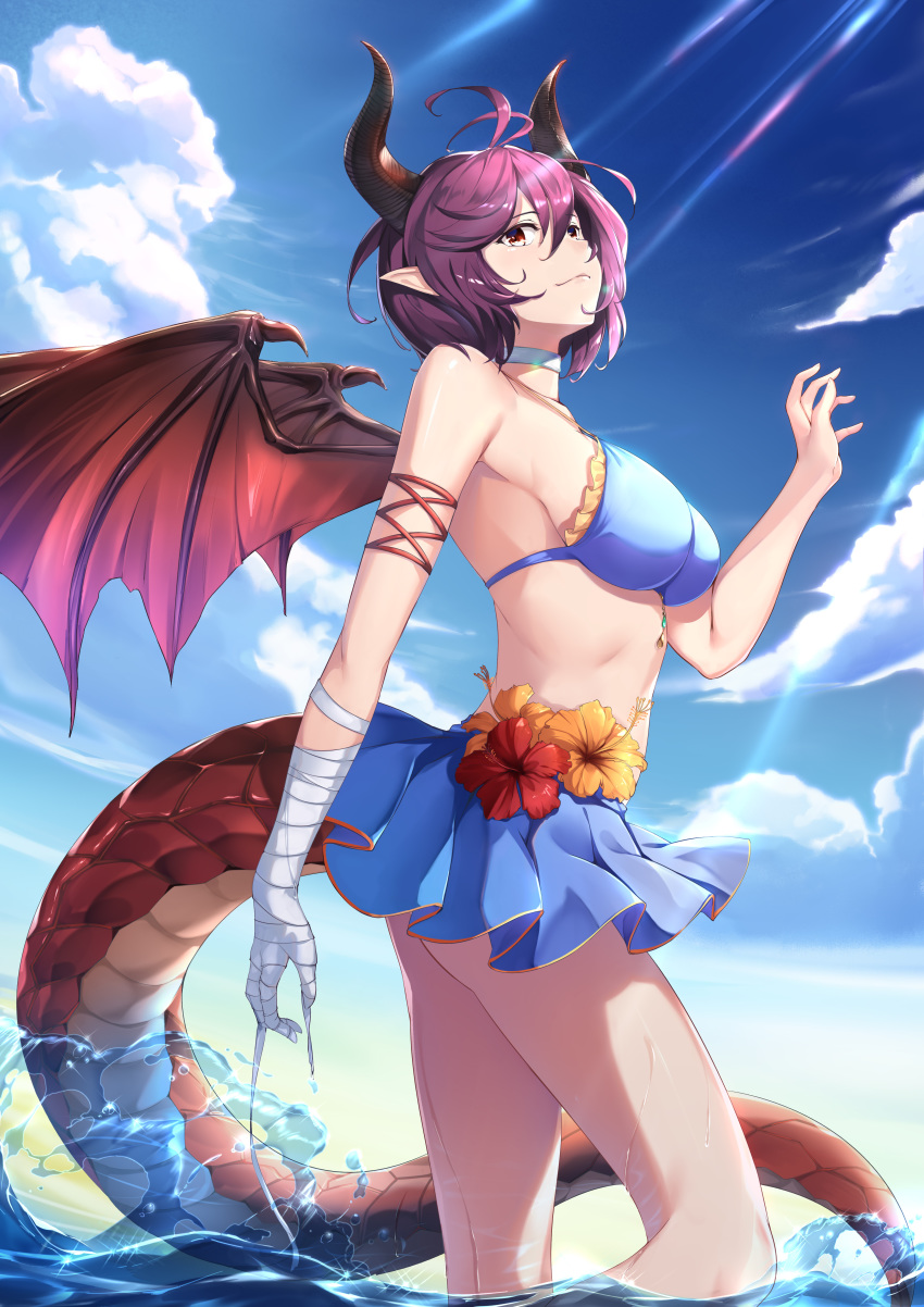 1girl absurdres bandage bandaged_arm bandages bikini blue_bikini blue_sky breasts c_(pixiv3064042) choker closed_mouth cloud day dragon_girl dragon_horns dragon_tail dragon_wings flower granblue_fantasy grea_(shingeki_no_bahamut) highres horns large_breasts looking_at_viewer medium_breasts partially_submerged pointy_ears purple_hair red_eyes shingeki_no_bahamut short_hair sideboob sky solo standing sunlight swimsuit tail water wet white_choker wings