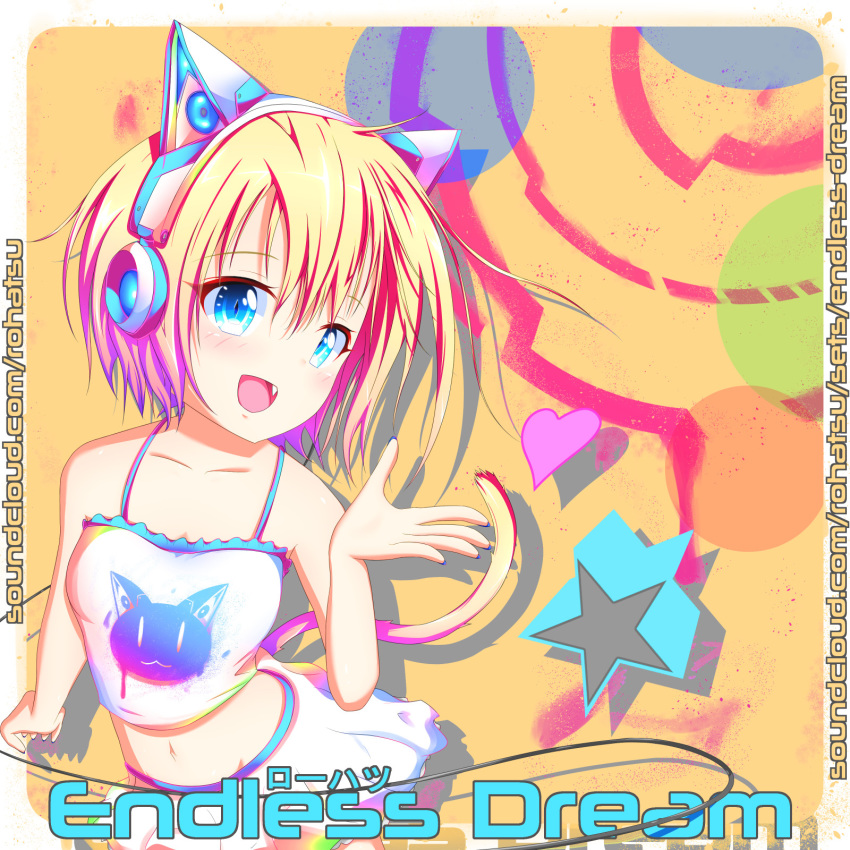 1girl :d abstract abstract_background album_cover animal_ears blonde_hair blue_eyes blush breasts cat_ear_headphones cover female headphones heart highres looking_at_viewer nail_polish neck neptor_kriegor open_mouth self_upload shirt short_hair skirt small_breasts smile solo solo_focus standing star tagme tail white_shirt white_skirt