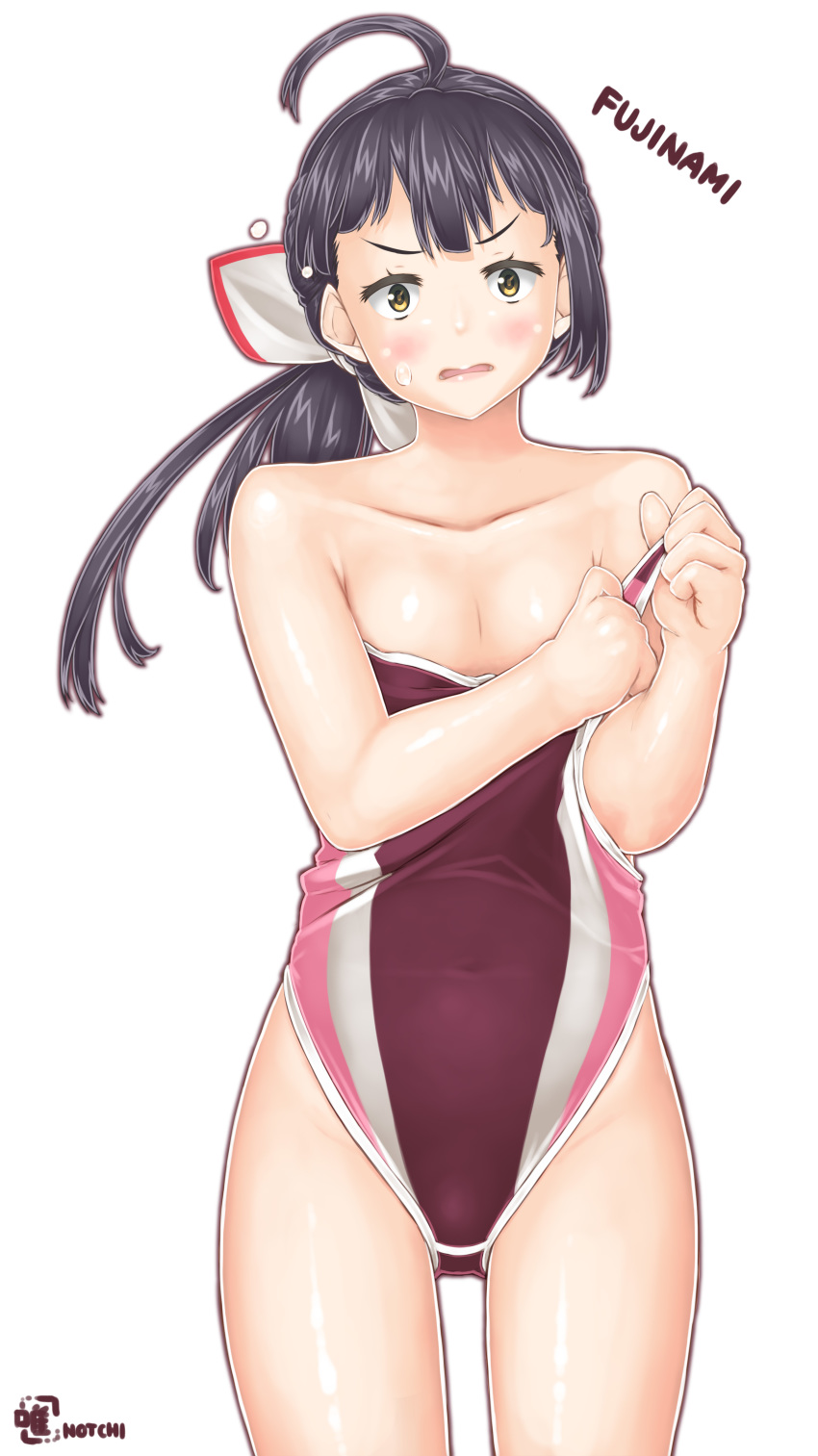1girl absurdres ahoge asymmetrical_bangs bangs bare_shoulders black_hair brown_swimsuit character_name collarbone competition_swimsuit cowboy_shot flat_chest fujinami_(kantai_collection) gluteal_fold hair_ribbon highres kantai_collection long_hair looking_at_viewer notchi one-piece_swimsuit ribbon side_ponytail simple_background solo surprised swimsuit swimsuit_pull white_background white_ribbon yellow_eyes