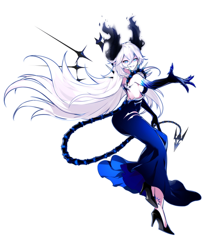 1girl black_footwear black_gloves blue_dress blue_eyes demon_tail diabla_(elsword) dress elbow_gloves elsword full_body gloves grey_background grin high_heels highres horns hwansang long_hair looking_at_viewer luciela_r._sourcream official_art shoes smile solo tail tattoo white_hair