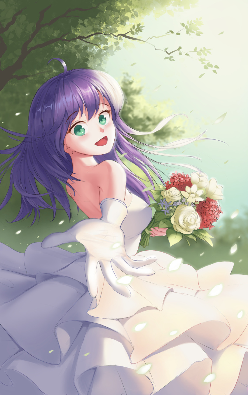 1girl absurdres ahoge awan97 bare_shoulders blurry blush bouquet bride depth_of_field dress elbow_gloves fire_emblem flower gloves green_eyes highres leaf long_hair nintendo petals purple_hair rose smile solo tree wayu_(fire_emblem) wedding wedding_dress white_flower white_rose