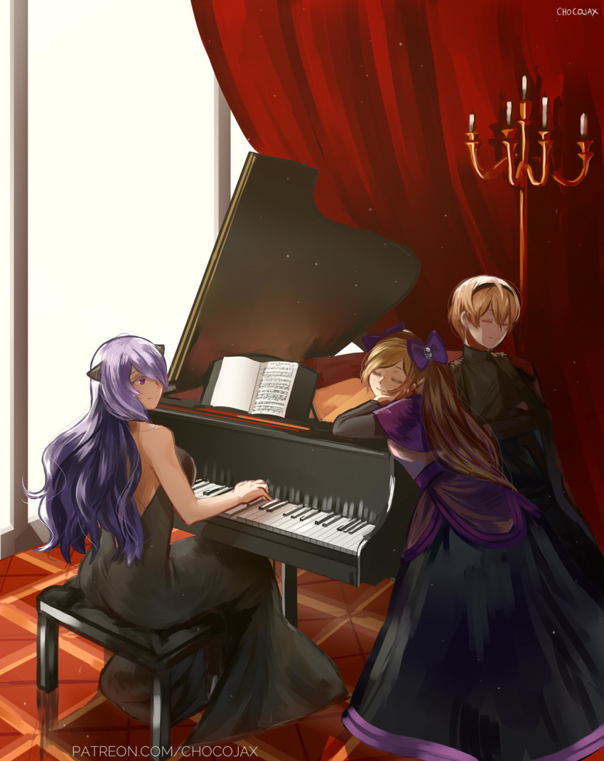 1boy 2girls artist_name backless_dress backless_outfit bangs black_cape black_dress black_shirt blonde_hair bow brother_and_sister camilla_(fire_emblem_if) candlestand cape capelet chocojax colored_eyelashes crossed_arms curtains dress elise_(fire_emblem_if) eyes_closed facing_away facing_viewer fire_emblem fire_emblem_heroes hair_between_eyes hair_bow hair_over_one_eye head_in_hand highres indoors instrument layered_dress leaning_on_object leon_(fire_emblem_if) long_dress long_hair long_ponytail long_sleeves looking_at_another multiple_girls music nintendo piano piano_bench playing_instrument playing_piano ponytail purple_capelet purple_eyes purple_hair sheet_music shirt siblings sisters sitting smile strapless strapless_dress swept_bangs tile_floor tiles very_long_hair watermark web_address window