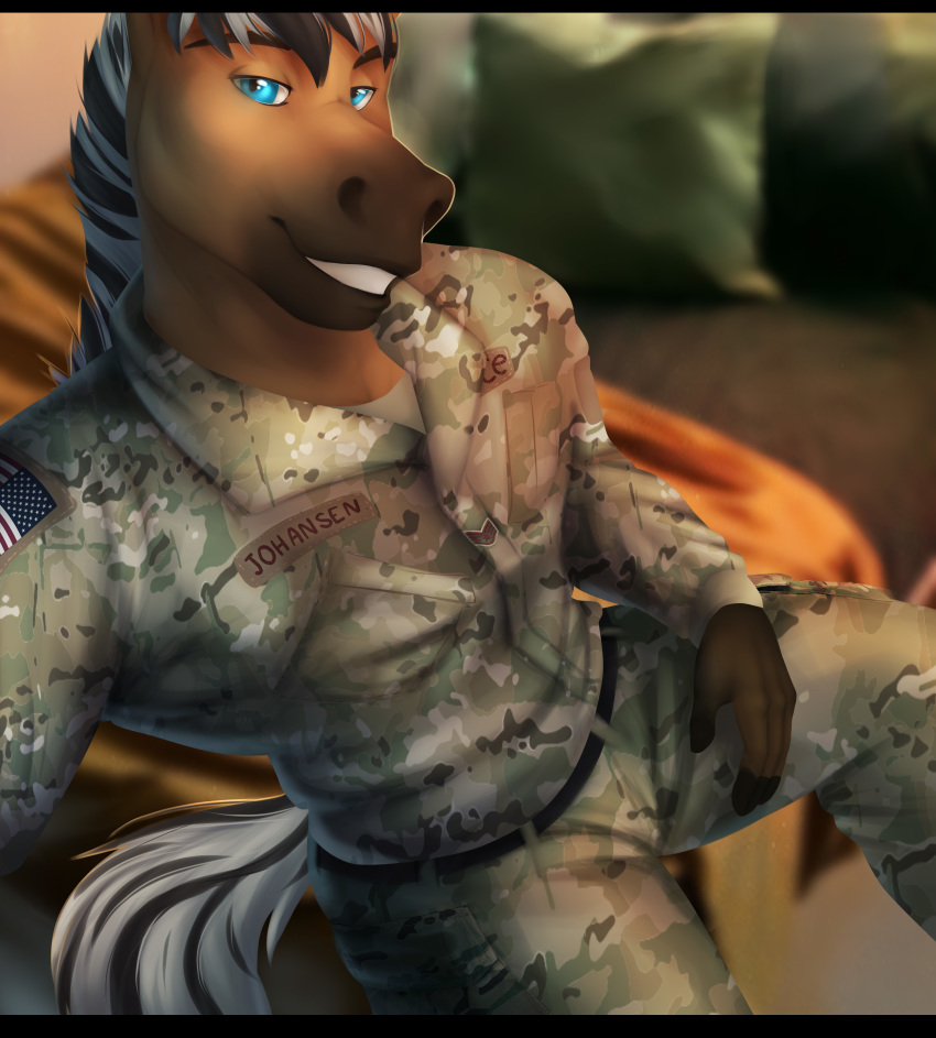 2019 anthro blue_eyes clothed clothing digita_media_(artwork) draft_horse equid equine fjord_horse fur hair hi_res horse looking_at_viewer male mammal military miraoff multicolored_hair patch_(fabric) seth_(sevsc) sitting smile solo stars_and_stripes tan_fur two_tone_hair uniform united_states_of_america