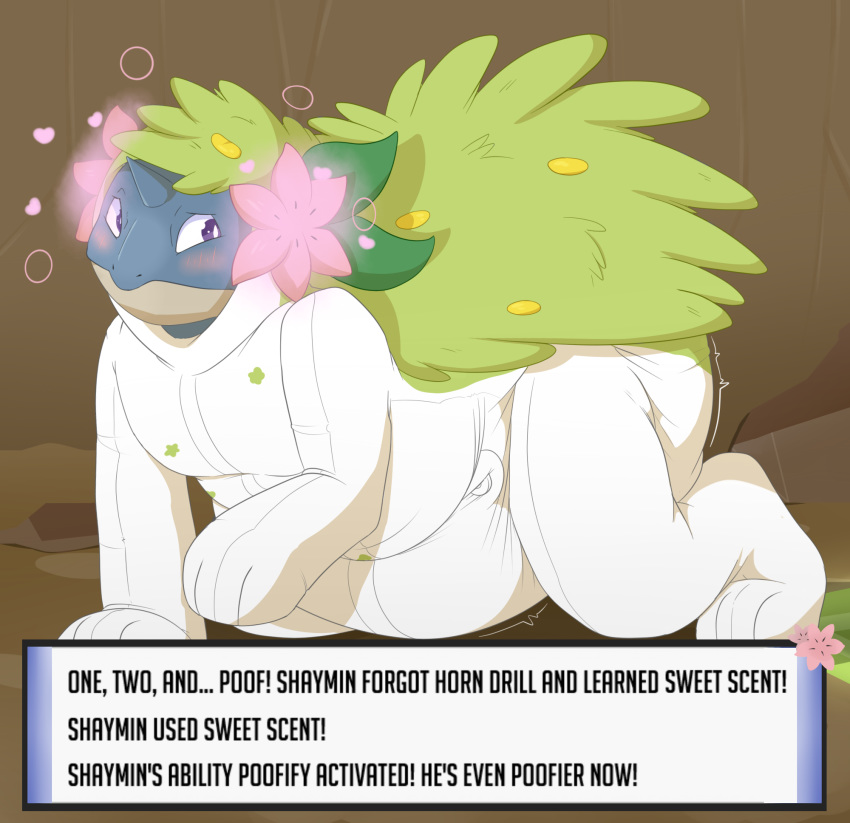 all_fours anthro blush breasts bunnykisses crawling diaper english_text female hi_res hypnosis legendary_pok&eacute;mon mind_control nidoqueen nintendo onesie pok&eacute;mon pok&eacute;mon_(species) pokemon_move shaymin solo text video_games