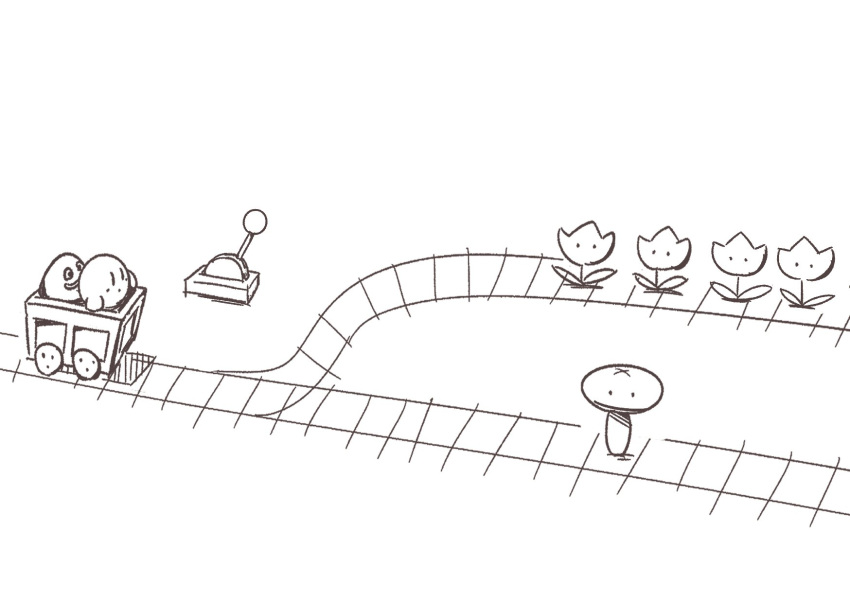 flower geromazudake gooey greyscale highres kirby kirby's_dream_land_3 kirby_(series) lever minecart monochrome mushroom nintendo no_humans railroad_tracks simple_background trolley_problem tulip white_background