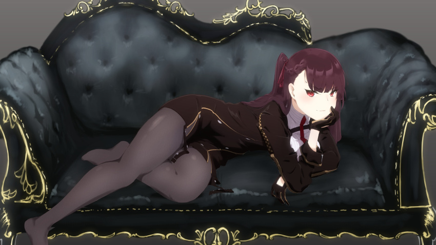 1girl black_gloves black_jacket breasts chin_rest closed_mouth commentary_request couch elbow_rest filigree full_body girls_frontline gloves gold_trim grey_background grey_legwear hair_ribbon highres jacket legs long_hair looking_at_viewer lying necktie no_shoes on_couch on_side pantyhose purple_hair red_eyes red_neckwear red_ribbon ribbon satokoh9112ushi shirt side_ponytail simple_background solo thighs tsurime wa2000_(girls_frontline) white_shirt