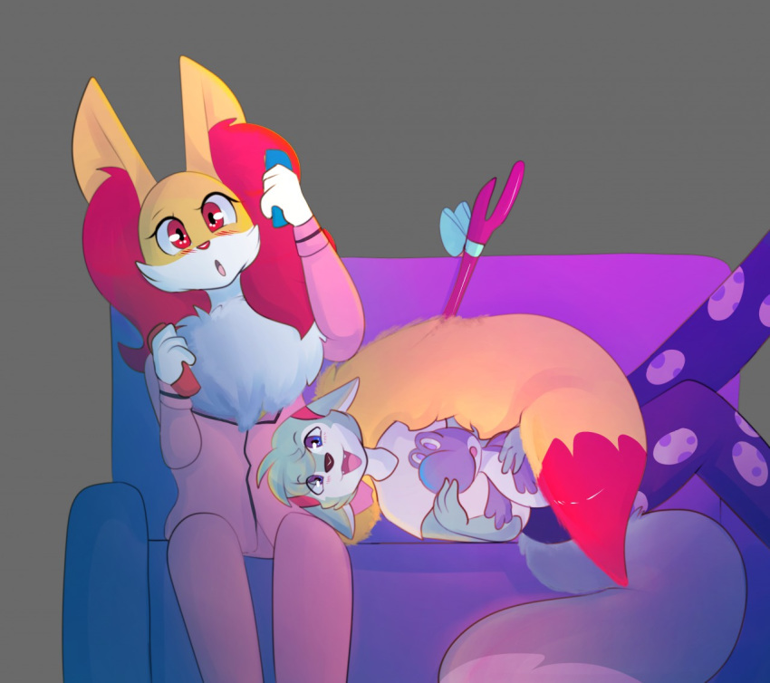 2019 anthro blue_eyes blue_fur blush braixen canid canine clothing controller duo fan_character female fox fur game_controller head_on_lap holding_object inner_ear_fluff joycon_controller kitsunekotaro lying male mammal mario_bros nintendo nintendo_controller nintendo_switch on_lap on_side open_mouth pajamas plushie pok&eacute;mon pok&eacute;mon_(species) red_eyes ribbons roflfox seraphine_(roflfox) sitting smile sofa stick video_games white_fur yellow_fur yoshi