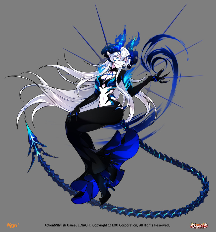 1girl black_footwear black_gloves blue_dress blue_eyes demon_tail diabla_(elsword) dress elbow_gloves elsword full_body gloves grey_background grin high_heels highres horns hwansang long_hair looking_at_viewer luciela_r._sourcream official_art shoes smile solo tail tattoo white_hair