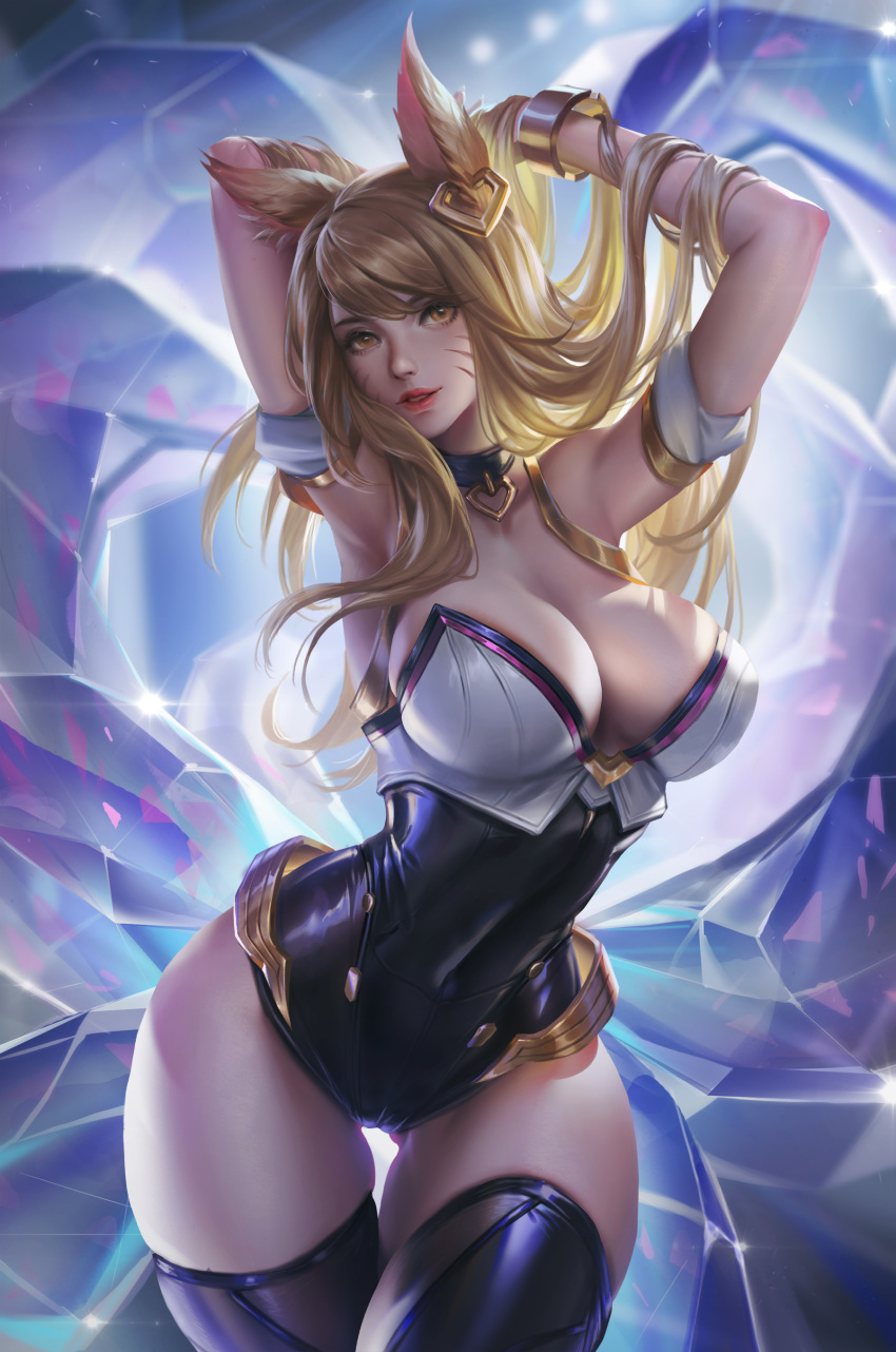 1girl absurdres ahri animal_ears armband armpits arms_up bare_shoulders blonde_hair bracelet breasts collar collarbone contrapposto covered_navel facial_mark fur gluteal_fold head_tilt highres jewelry k/da_(league_of_legends) large_breasts league_of_legends lips looking_at_viewer multiple_tails parted_lips playing_with_own_hair skin_tight skindentation solo tail thigh_gap wide_hips yellow_eyes youyi_(ww5413203)