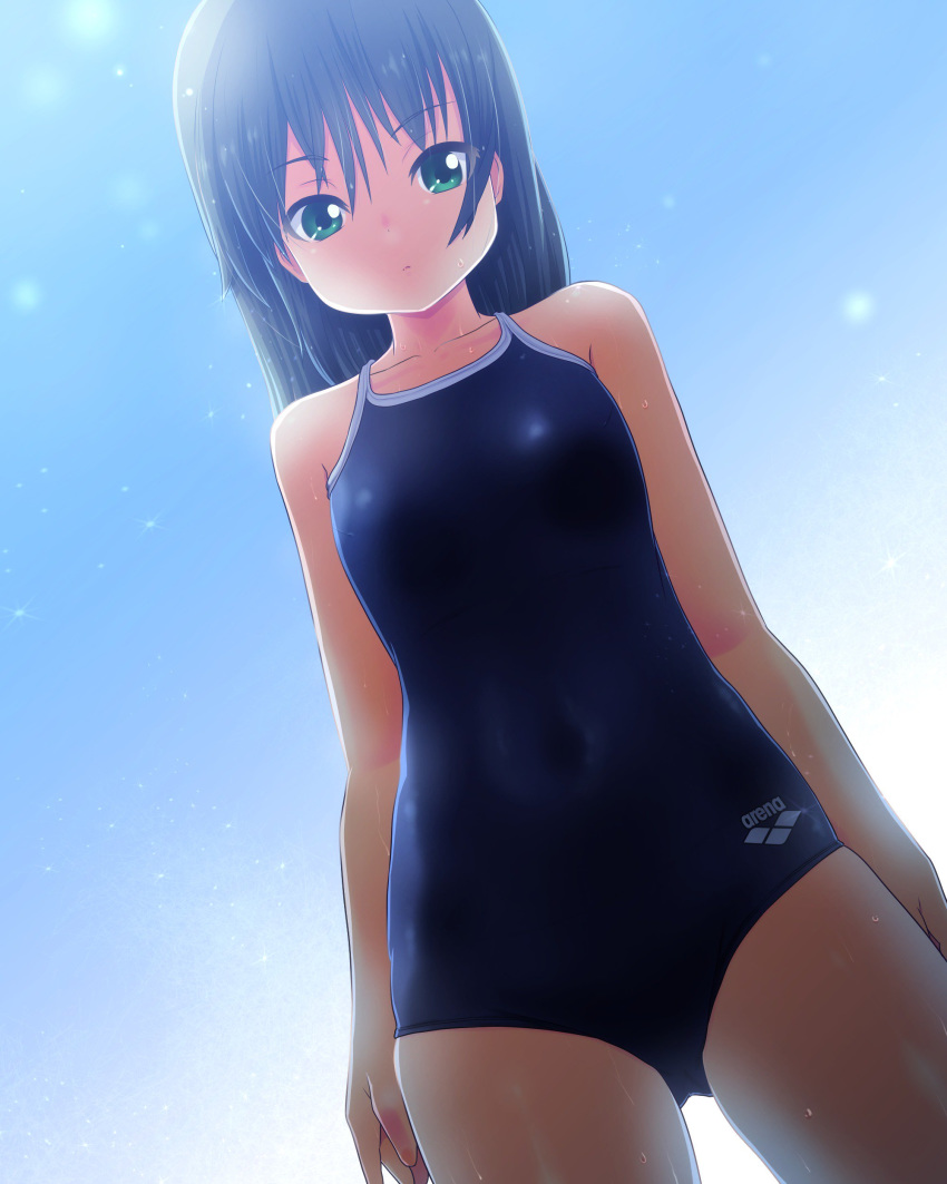 1girl absurdres arena_(company) asashio_(kantai_collection) black_hair blue_sky blue_swimsuit breasts collarbone competition_school_swimsuit covered_navel cowboy_shot from_below gluteal_fold gradient_sky green_eyes highres kantai_collection logo long_hair school_swimsuit sky small_breasts solo standing swimsuit tennouji_masamichi