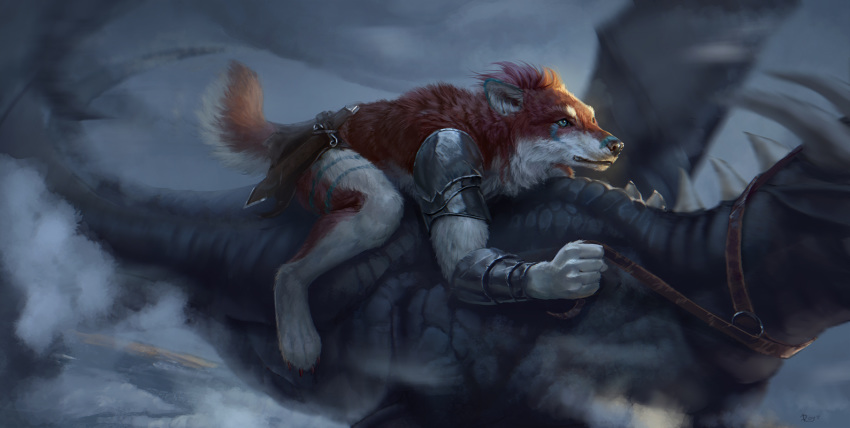 2019 anthro blue_eyes brown_fur canid canine canis conditional_dnp detailed_background digital_media_(artwork) domestic_dog dragon fur horn latex_(artist) mammal membranous_wings scalie spines western_dragon wings