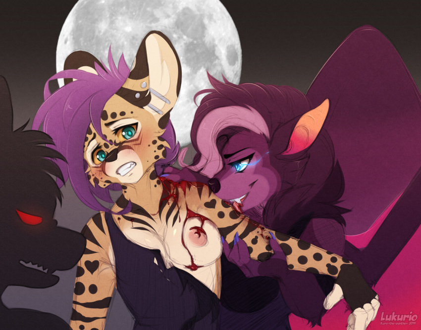 2019 anthro bitemark blood blue_eyes blush breasts chiropteran clothed clothing digital_media_(artwork) duo ear_piercing fangs felid feline female female/female green_eyes kuro_murasaki licking lukurio magic mammal nipples piercing serval simple_background teeth tongue tongue_out torn_clothing vampire voyeur wings