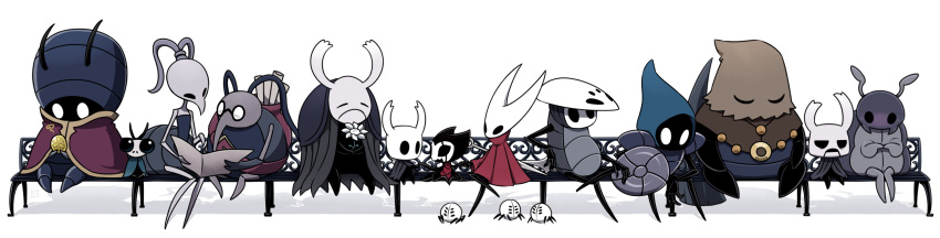 2others 5girls 6+boys antennae arm_rest bag_over_head bench blush bretta_(hollow_knight) bug cloth_(hollow_knight) confessor_jiji cornifer dated elderbug fidgeting flower full_body glasses grimmchild highres holding hollow_eyes hollow_knight hood hornet_(hollow_knight) insect iselda knight_(hollow_knight) legs_crossed looking_at_viewer mask mask_on_head multiple_boys multiple_girls multiple_others nail poncho quirrel sango_(y1994318) shadow shield sitting sleeping sly_(hollow_knight) tiso white_background zote