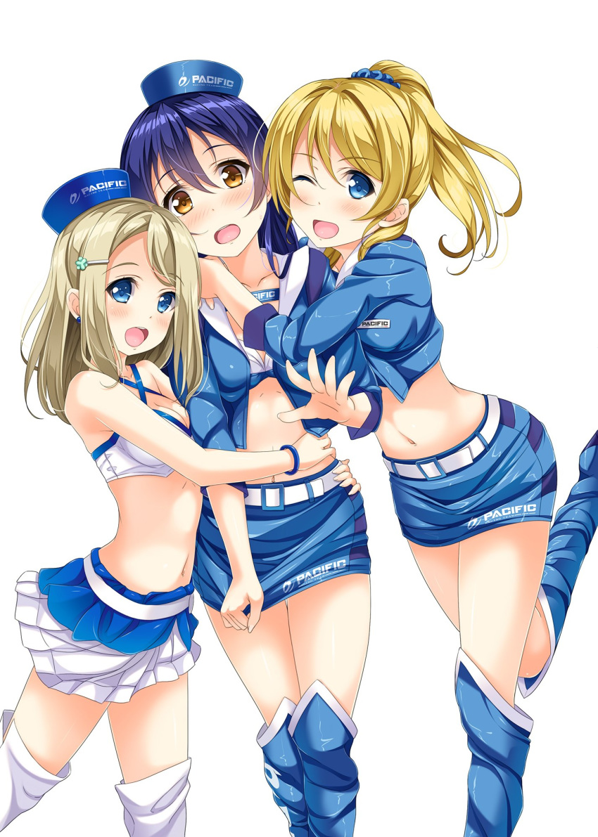 3girls ayase_arisa ayase_eli bangs blonde_hair blue_eyes blue_hair blue_scrunchie blue_skirt blush boots earrings eyebrows_visible_through_hair hair_between_eyes hair_ornament hairclip hand_on_another's_hip hand_on_another's_shoulder hat highres hino_minato_(spec.c) hug jewelry leg_up long_hair looking_at_viewer love_live! love_live!_school_idol_project midriff multiple_girls navel non-web_source one_eye_closed open_mouth ponytail sandwiched scan scrunchie simple_background skirt skirt_tug sonoda_umi thigh_boots thighhighs white_background yellow_eyes