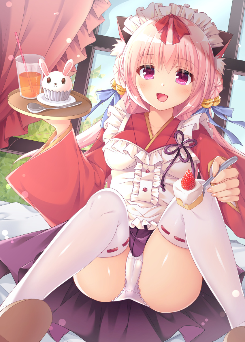 1girl :d absurdres animal_ear_fluff animal_ears apron bangs bell blue_bow blush bow breasts cameltoe cat_ears center_frills commentary_request cup curtains day double_bun drink drinking_glass drinking_straw eyebrows_visible_through_hair fingernails food frills fruit fujikura_ryuune hair_bell hair_between_eyes hair_bow hair_ornament highres holding holding_spoon holding_tray indoors japanese_clothes jingle_bell kimono long_hair long_sleeves maid_headdress medium_breasts open_mouth original panties pink_hair pleated_skirt purple_eyes purple_skirt red_bow red_kimono ribbon-trimmed_sleeves ribbon_trim side_bun skirt smile solo spoon strawberry thighhighs tray underwear very_long_hair wa_maid white_apron white_legwear white_panties wide_sleeves window