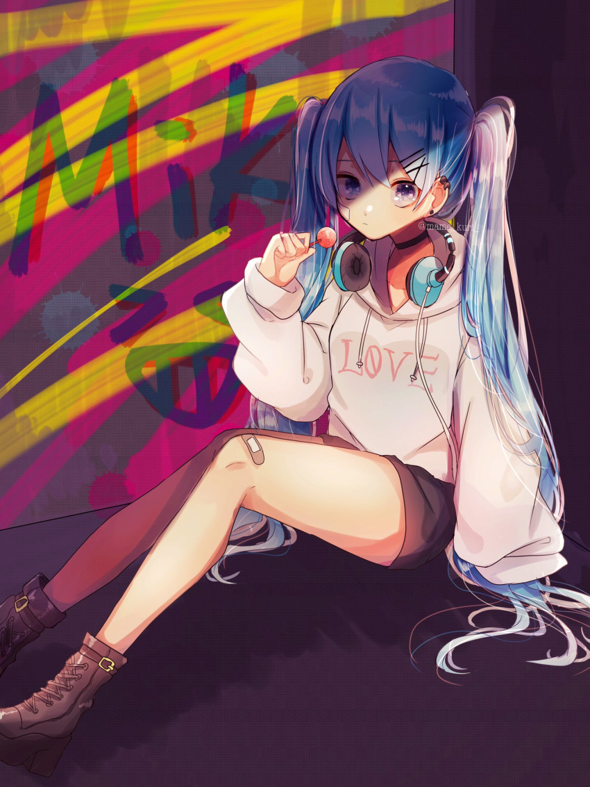 artist_name bandage bandage_on_face bandage_on_knee bangs beige_hoodie beige_sweater black_shorts blue_hair brown_footwear candy clenched_hand collar commentary earpiece earrings food hair_ornament hairclip hand_on_ground hatsune_miku headphones headphones_around_neck highres holding_lollipop hood hooded_sweater hoodie jewelry lollipop long_hair looking_at_viewer mame_kuri multicolored multicolored_background purple_eyes serious shiny shiny_clothes shiny_hair shiny_skin shoes short_shorts shorts sitting sparkling_eyes sweater thighs twintails very_long_hair vocaloid