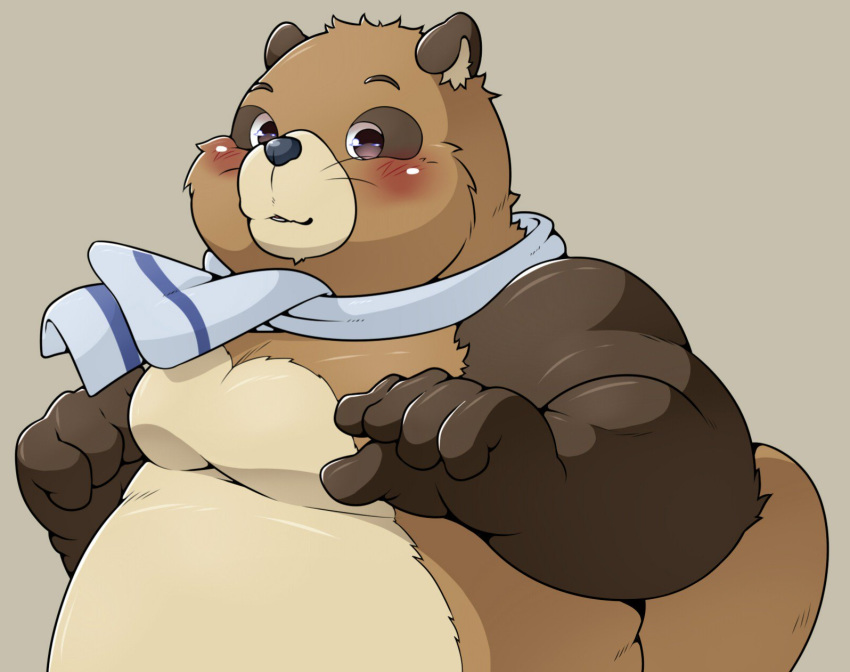 2019 anthro belly blush brown_fur canid canine fur ghibli humanoid_hands male mammal overweight overweight_male pom_poko pomupomu490 raccoon_dog scarf simple_background solo tanuki