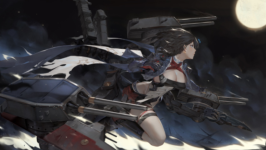 1girl azur_lane bangs black_hair black_skirt blue_legwear breasts cannon cloak earrings full_moon georgia_(azur_lane) gloves hair_ornament hand_up heterochromia highres impossible_clothes jewelry large_breasts looking_afar moon night official_art rigging rudder_footwear running sidelocks single_thighhigh skirt strapless thigh_strap thighhighs toriumi_harumi tubetop turret yellow_eyes