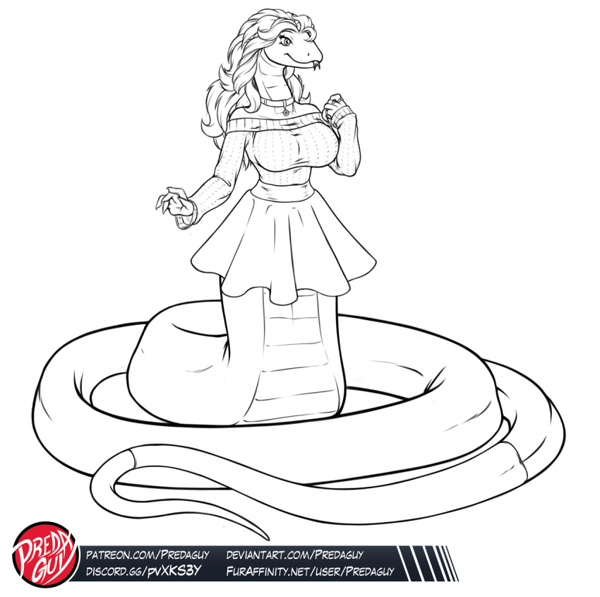 anthro big_breasts breasts clothed clothing coiling digital_media_(artwork) female garter_snake hair non-mammal_breasts predaguy reptile scalie scarlett_g skirt smile snake sweater tongue tongue_out topwear