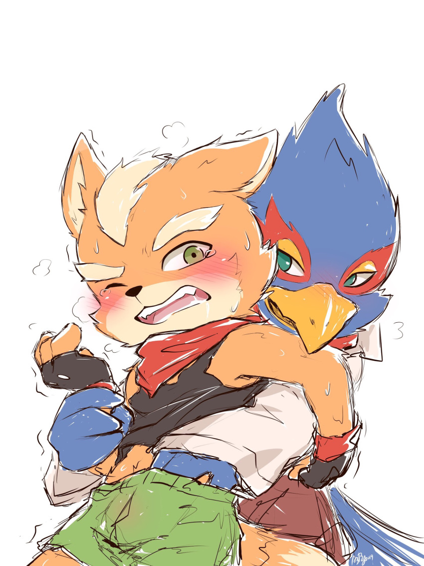 abby00531 anthro avian bird blush canid canine clothed clothing duo falco_lombardi fox_mccloud grope male male/male mammal nintendo star_fox tearing video_games