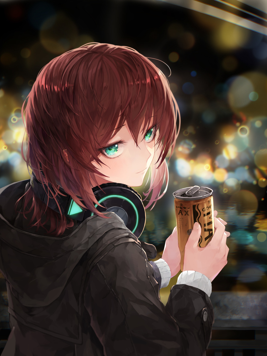 1girl absurdres bangs black_jacket blurry blurry_background blush bokeh can canned_coffee coffee crystalherb depth_of_field green_eyes hair_between_eyes headphones headphones_around_neck highres holding holding_can hood hood_down hooded_jacket jacket long_sleeves looking_at_viewer looking_back original red_hair short_hair sidelocks solo sweater white_sweater