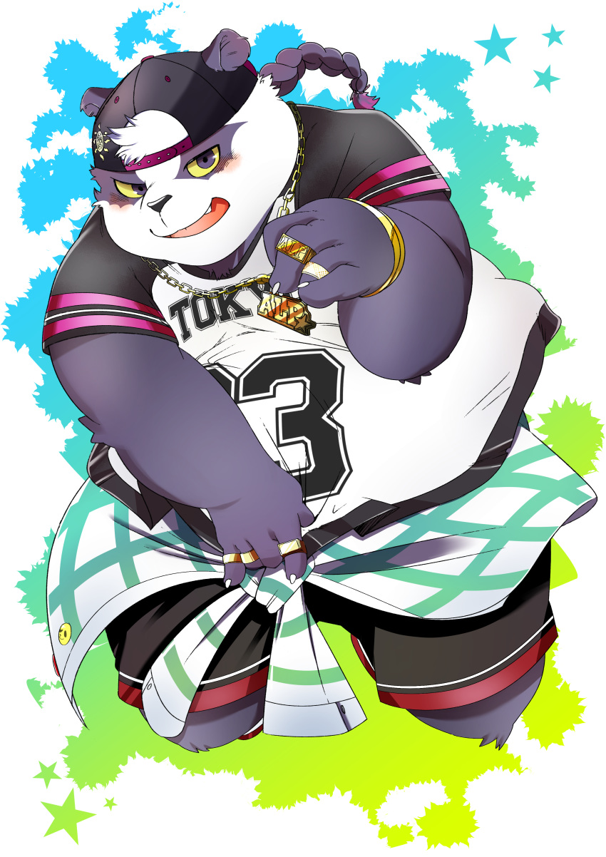 2019 alp_(tas) anthro black_nose blush clothing cute_fangs english_text fur giant_panda hat humanoid_hands male mammal overweight overweight_male purple_fur rei_illustrator shirt shorts solo text tokyo_afterschool_summoners topwear ursid video_games yellow_sclera