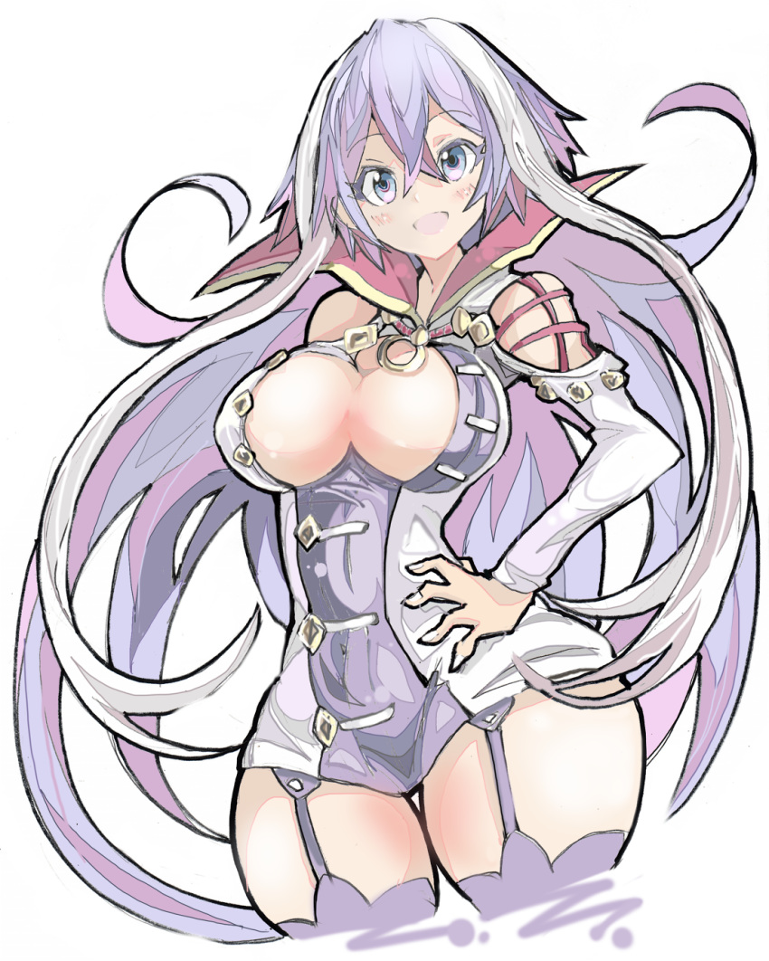 1girl :d bangs blue_eyes breasts center_opening crossed_bangs dress enpe eyebrows_visible_through_hair garter_straps hair_between_eyes hand_on_hip highres isabelle_(shadowverse) large_breasts long_hair long_sleeves looking_at_viewer multicolored_hair open_mouth purple_hair purple_legwear shadowverse short_dress simple_background smile solo thighhighs thighs two-tone_hair very_long_hair white_background white_hair