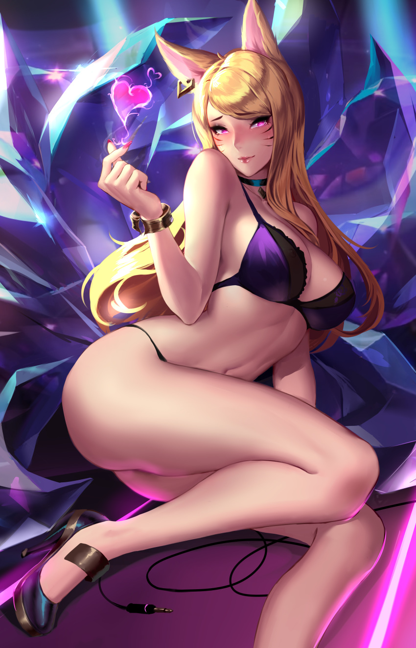 1girl absurdres ahri animal_ears bangs bare_legs black_bra blonde_hair bra bracelet breasts choker cian_yo cleavage closed_mouth collarbone commentary earrings eyebrows_visible_through_hair fingernails fox_ears heart high_heels highres idol jewelry k/da_(league_of_legends) k/da_ahri large_breasts league_of_legends lips long_fingernails long_hair looking_at_viewer lying nail_polish navel on_side paid_reward patreon_reward red_nails see-through sidelocks smile solo swept_bangs swimsuit tears underwear whisker_markings