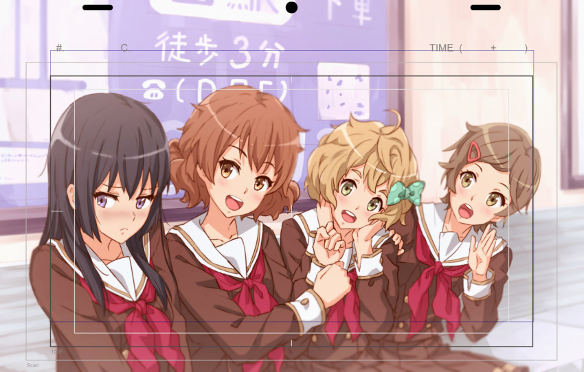 4girls ahoge bangs black_hair blush bow brown_eyes brown_hair closed_mouth full-face_blush hair_bow hair_ornament hairclip hibike!_euphonium highres indoors katou_hazuki kawashima_sapphire kazeno kousaka_reina long_hair looking_at_another multiple_girls open_mouth oumae_kumiko parted_bangs purple_eyes school_uniform serafuku short_hair sitting wavy_hair