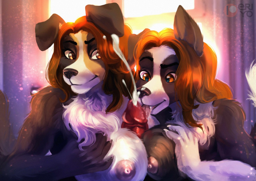 2019 5_fingers anthro anthro_on_anthro areola black_nose breasts brown_eyes brown_hair canid canine canis cara_(juracollie) child cum cumshot daughter detailed_background digital_media_(artwork) domestic_dog ejaculation eri-yo faceless_male female hair incest jura_(juracollie) male male/female mammal mother mother_and_daughter nipples orgasm parent penis sex titfuck young