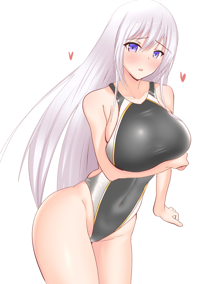 1girl aki_(akiiiiiiiii1875) azur_lane black_swimsuit breasts competition_swimsuit covered_navel cowboy_shot enterprise_(azur_lane) highleg highleg_swimsuit highres large_breasts leaning_forward long_hair looking_at_viewer one-piece_swimsuit purple_eyes silver_hair simple_background solo standing swimsuit taut_clothes taut_swimsuit white_background