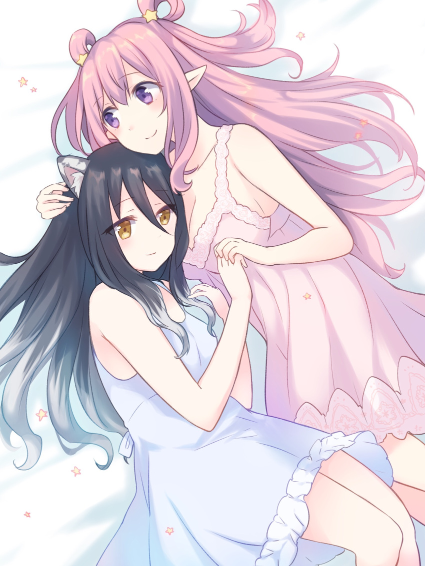 2girls animal_ear_fluff animal_ears bangs bare_arms bare_shoulders bed_sheet black_hair blush breasts brown_eyes cleavage closed_mouth commentary_request dress eyebrows_visible_through_hair gucchiann hair_between_eyes hair_ornament highres kashiwazaki_hatsune kashiwazaki_shiori long_hair lying medium_breasts multiple_girls on_side pink_dress princess_connect! princess_connect!_re:dive purple_dress purple_eyes siblings sisters sleeveless sleeveless_dress small_breasts smile star star_hair_ornament two_side_up very_long_hair