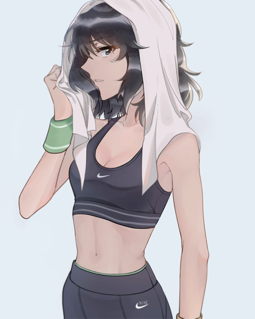 1girl andou_(girls_und_panzer) april_tada bangs black_hair black_shorts black_sports_bra breasts brown_eyes cleavage commentary dark_skin eyebrows_visible_through_hair girls_und_panzer grey_background highres light_frown logo looking_at_viewer medium_breasts medium_hair messy_hair navel nike parted_lips shorts simple_background solo sports_bra standing towel towel_on_head upper_body wiping_face wristband