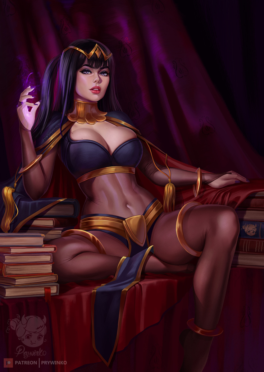 1girl artist_name barefoot black_hair book bracelet breasts cape cleavage collar covered_navel curtains energy fire_emblem fire_emblem:_kakusei highres indoors jewelry large_breasts lips lipstick long_hair looking_at_viewer makeup nail_polish navel nintendo olga_narhova parted_lips purple_eyes see-through sitting solo spread_legs tharja torn_clothes