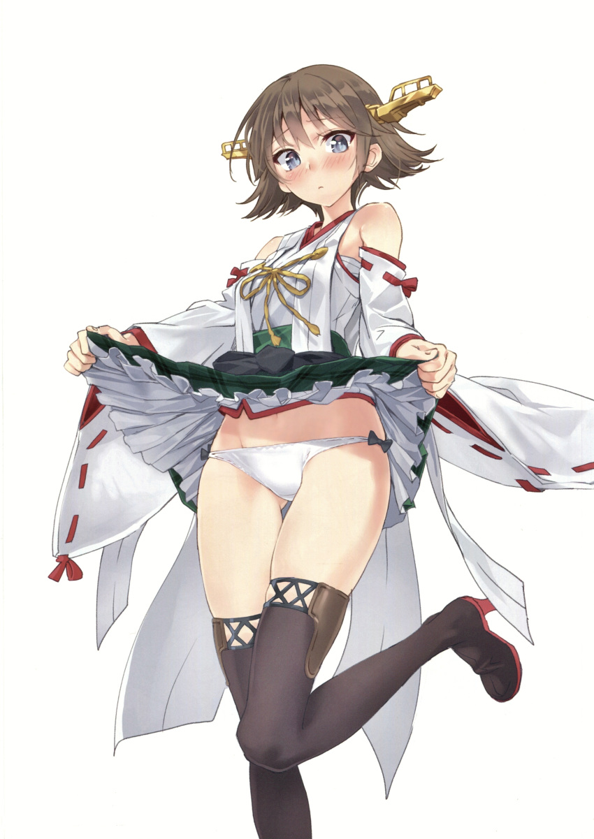 1girl absurdres bangs bare_shoulders blue_eyes blush boots brown_hair closed_mouth detached_sleeves embarrassed eyebrows_visible_through_hair fingernails flipped_hair green_skirt hair_ornament hairband headgear hiei_(kantai_collection) highres japanese_clothes kantai_collection leg_up looking_at_viewer looking_down miniskirt no_legwear nontraditional_miko panties plaid plaid_skirt scan shiny shiny_hair short_hair side-tie_panties skirt skirt_lift solo thigh_boots thighhighs underwear wide_sleeves yahako